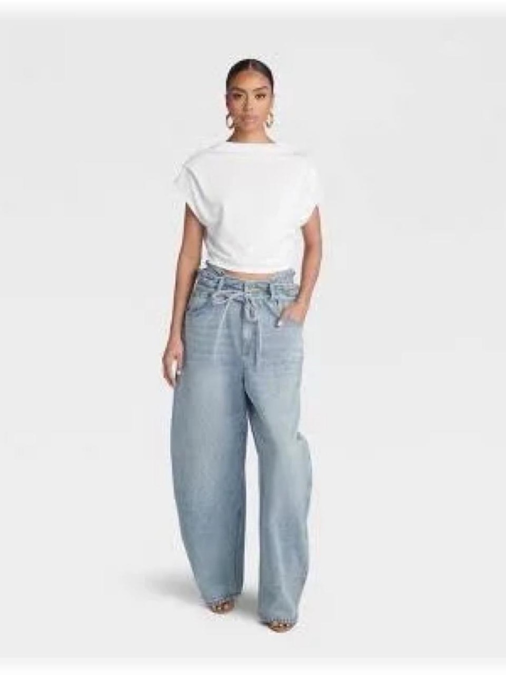 High-Rise Wide Leg Jeans with Tie-Waist in Light Blue